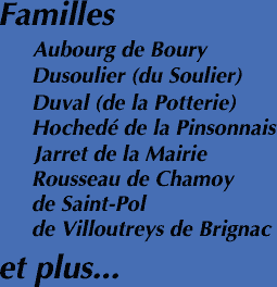 Familles Aubourg de Boury, Dusoulier (du Soulier), Duval (de la Potterie),
					Hochedé de la Pinsonnais, Jarret de la Mairie, Rousseau de Chamoy,
					de Saint-Pol, de Villoutreys de Brignac, et plus encore...